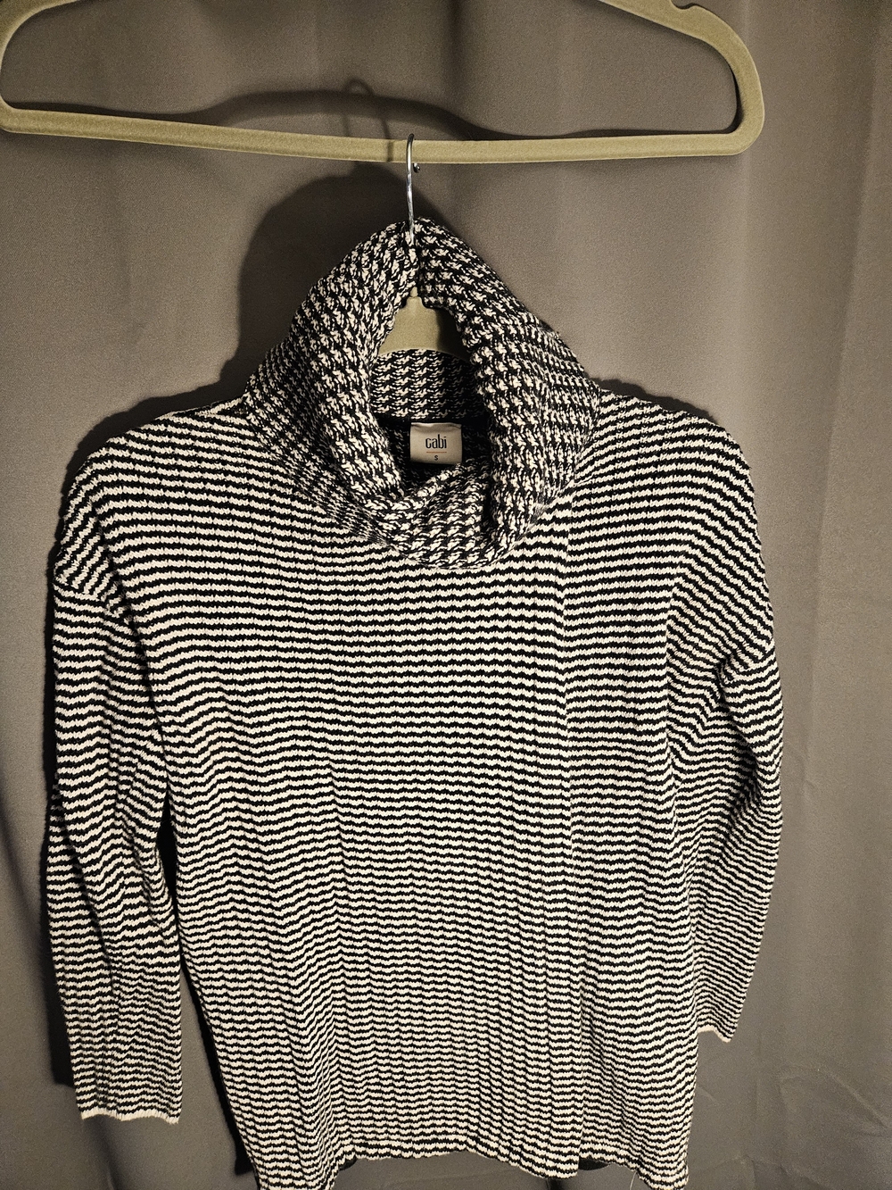CAbi Black and White Striped Cowl Neck Sweater